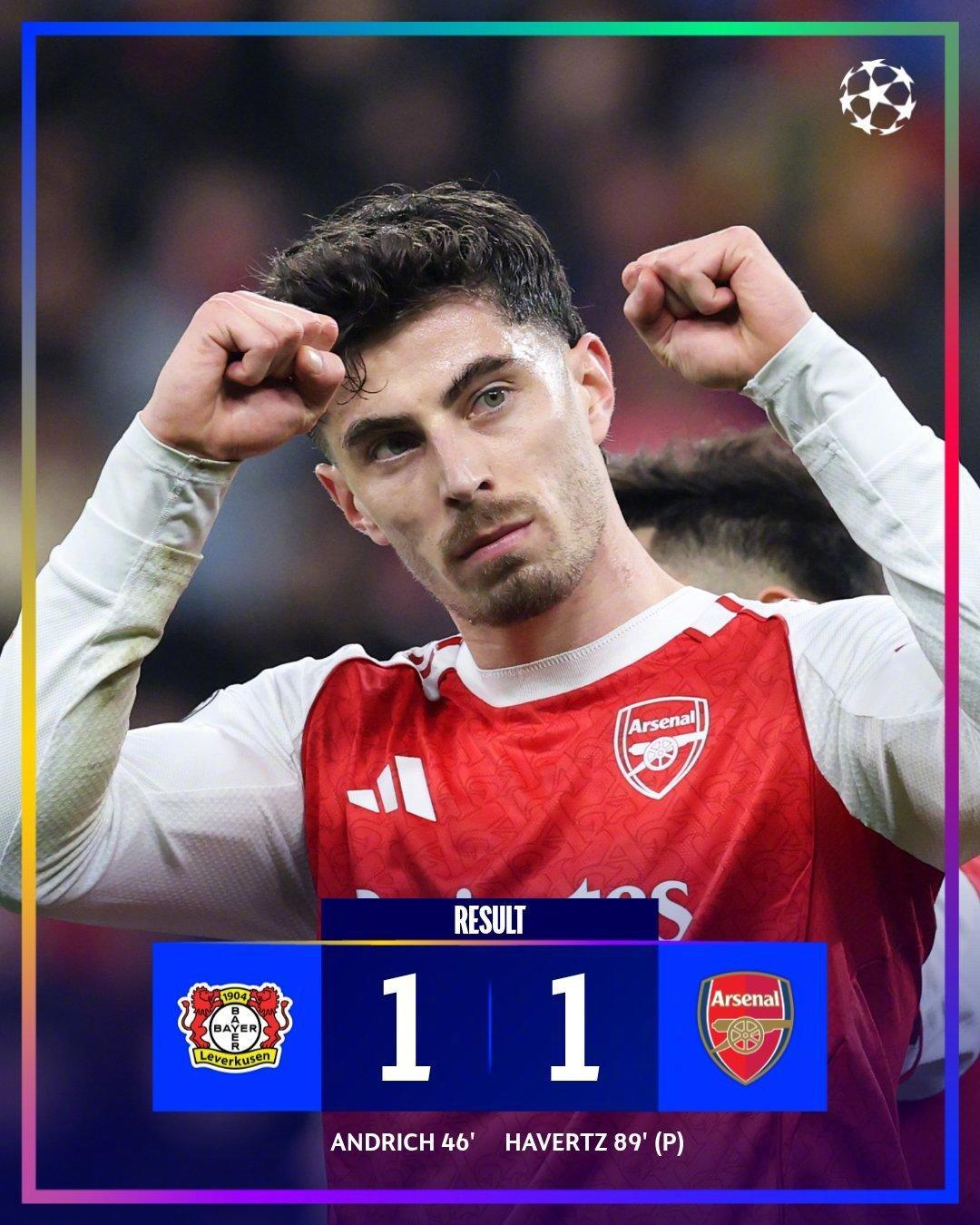 开云体育官网-热闻|哈弗茨点球绝平旧主！阿森纳1-1勒沃库森，欧冠8连胜终结